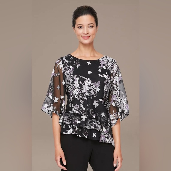 Alex Evenings Tops - ALEX EVENINGS asymmetrical tiered chiffon illusion blouse